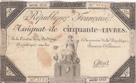 France 50 Livres France assise - 14-12-1792 - Sign. Cottenel