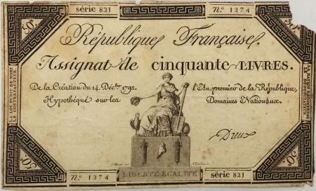 France 50 Livres France assise - 14-12-1792 - Sign. Dreux - Série 821 - B+