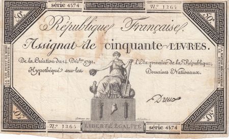 France 50 Livres France assise - 14-12-1792 - Sign. Dreux - TB