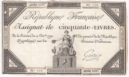 France 50 Livres France assise - 14-12-1792 - Sign. Gautier - TB+
