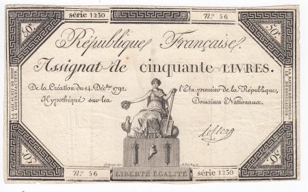 France 50 Livres France assise - 14-12-1792 - Sign. Leclerc - TB+