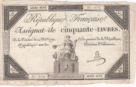 France 50 Livres France assise - 14-12-1792 - Sign. Lehu - TB