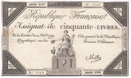 France 50 Livres France assise - 14-12-1792 - Sign. Mille - TB+