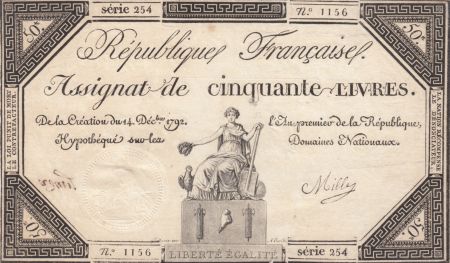 France 50 Livres France assise - 14-12-1792 - Sign. Mille