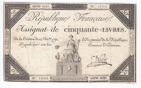 France 50 Livres France assise - 14-12-1792 - Sign. Nyon - TB+
