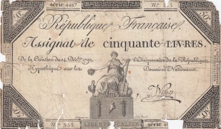 France 50 Livres France assise - 14-12-1792 - Sign. Nyon