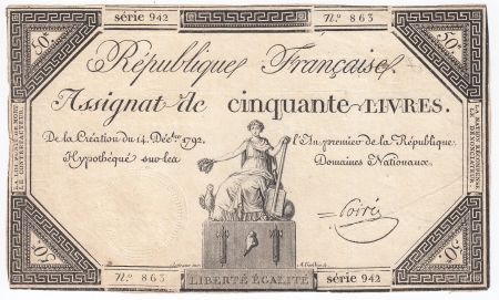 France 50 Livres France assise - 14-12-1792 - Sign. Poiré - TTB