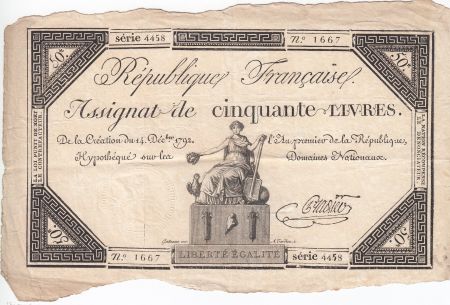 France 50 Livres France assise - 14-12-1792 - Sign. Pradier - TTB