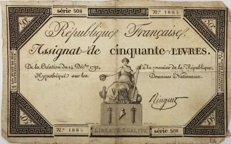 France 50 Livres France assise - 14-12-1792 - Sign. Ringuet - Série 508 - TB