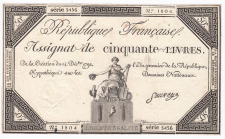 France 50 Livres France assise - 14-12-1792 - Sign. Sauvage - SUP