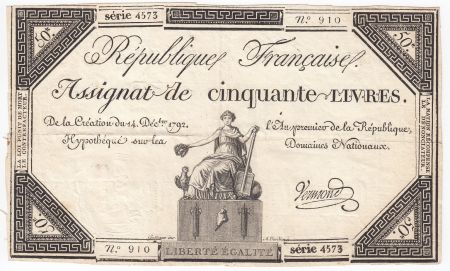 France 50 Livres France assise - 14-12-1792 - Sign. Vermond - TTB