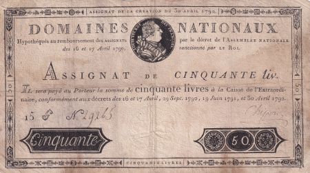 France 50 Livres Louis XVI - 30-04-1792 - Série 15 G - Sign. Chipon