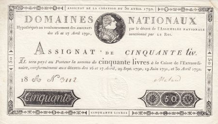 France 50 Livres Louis XVI - 30-04-1792 Série 18A - SUP - Sign. Malar