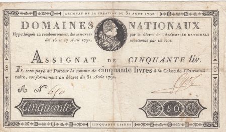 France 50 Livres Louis XVI - 31-08-1792 Série A - Sign. Pyot - TTB