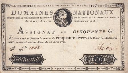France 50 Livres Louis XVI - 31-08-1792 Série F - TTB