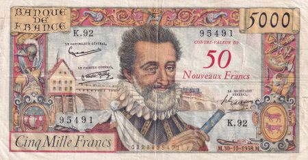 France 50 NF sur 5000 Francs - Henri IV - 30-10-1958 - Série K.92 - F.54.01