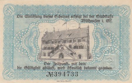 France 50 Pfennige 1918, Mulhouse Mülhausen, Stadtkassenschein