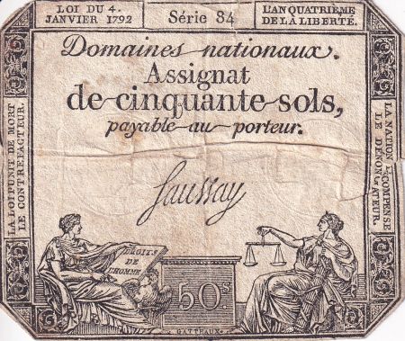 France 50 Sols - Liberté et Justice (04-01-1792) - TB - Sign. Saussay