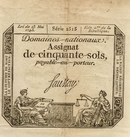France 50 Sols Liberté et Justice (23-05-1793) - Sign. Saussay - Série 2515 - TB+
