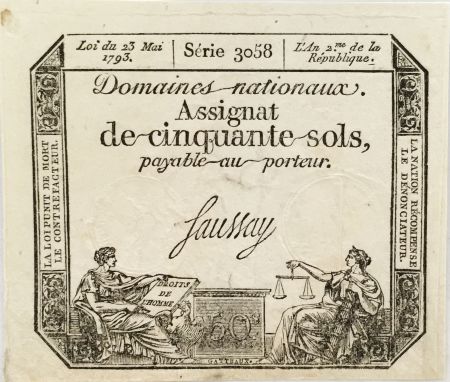 France 50 Sols Liberté et Justice (23-05-1793) - Sign. Saussay - Série 3058 - SUP
