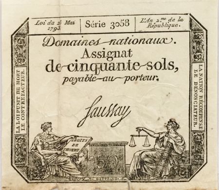 France 50 Sols Liberté et Justice (23-05-1793) - Sign. Saussay - Série 3058 - TB+