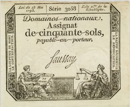 France 50 Sols Liberté et Justice (23-05-1793) - Sign. Saussay - Série 3058 - TTB+