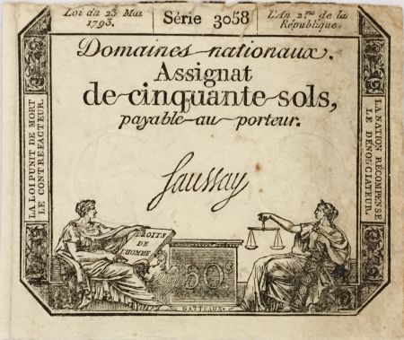 France 50 Sols Liberté et Justice (23-05-1793) - Sign. Saussay - Série 3058 - TTB
