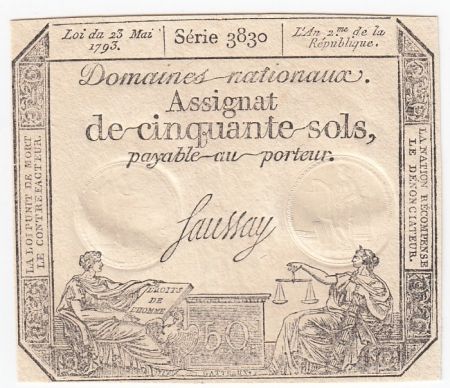 France 50 Sols Liberté et Justice (23-05-1793) - Sign. Saussay - Série 3830 - SUP