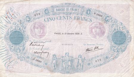 France 500 Francs - Rose et Bleu - 19-10-1939 - Série P.3668  - F.31.44