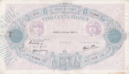 France 500 Francs - Rose et Bleu - 29-06-1939 - Série G.3458  - F.31.35