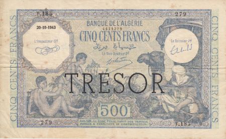 France 500 Francs Banque de l\'Algérie - Surchargé Trésor 500 F - 1943 Série T.185  279