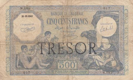 France 500 Francs Banque de l Algerie Surchargé TRESOR - 1943