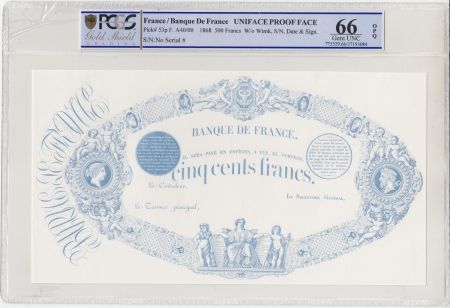France 500 Francs Indices noirs - Epreuve noire type 1863 (1868) - PCGS 66 OPQ