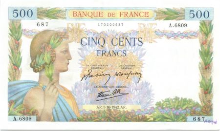 France 500 Francs La Paix - 01-10-1942 Série A.6809 tampon Acqui