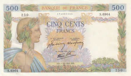 France 500 Francs La Paix - 01-10-1942 Série S.6964- p.neuf