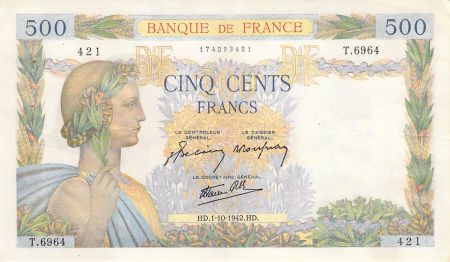 France 500 Francs La Paix - 01-10-1942 Série T.6964 - TTB