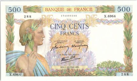 France 500 Francs La Paix - 01-10-1942 Série X.6964-288