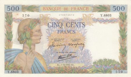 France 500 Francs La Paix - 01-10-1942 Série Y.6803 - SUP+