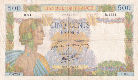 France 500 Francs La Paix - 02-01-1942 Série R.4224 - TB