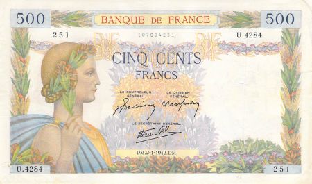 France 500 Francs La Paix - 02-01-1942 Série U.4284-251 - TTB+