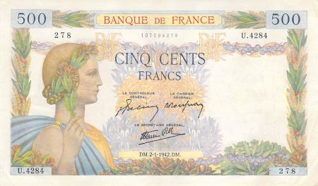 France 500 Francs La Paix - 02-01-1942 Série U.4284-278 - TTB+