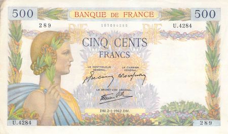 France 500 Francs La Paix - 02-01-1942 Série U.4284-289 - TTB+