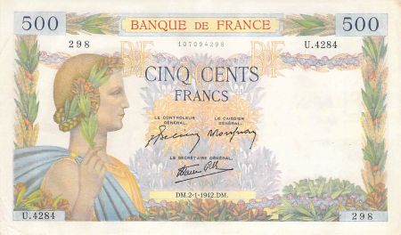 France 500 Francs La Paix - 02-01-1942 Série U.4284-298 - TTB+