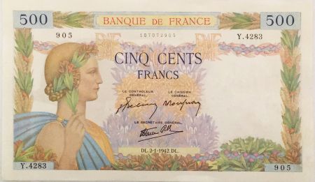 France 500 Francs La Paix - 02-01-1942 Série Y.4283 - TTB