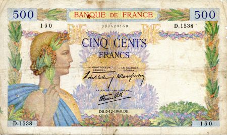 France 500 Francs La Paix - 05-12-1940 - Série D.1538 - TB