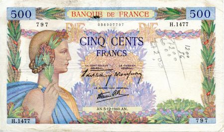 France 500 Francs La Paix - 05-12-1940 - Série H.1477 - TTB