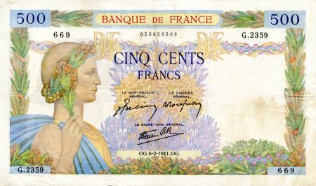 France 500 Francs La Paix - 06-02-1941 - Série G.2359 - TTB