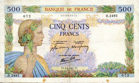 France 500 Francs La Paix - 06-02-1941 - Série O.2495 - TB+