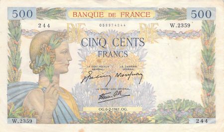 France 500 Francs La Paix - 06-02-1941 Série W.2359 - PTTB