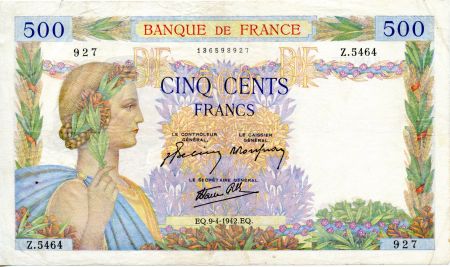 France 500 Francs La Paix - 09-04-1942 - Série Z.5464 - TTB